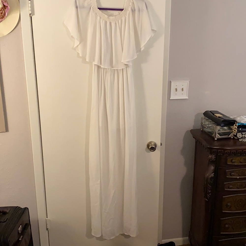 Mumu brand long chiffon white evening dress.